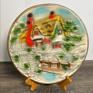 Vintage 3D Chalkware Cottage Scene Wall Art Vibrant Colors
